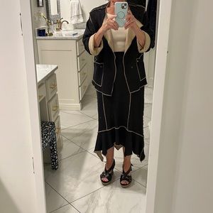 Black and Beige Raw Stitch Trim 2-Piece Skirt & Jacket